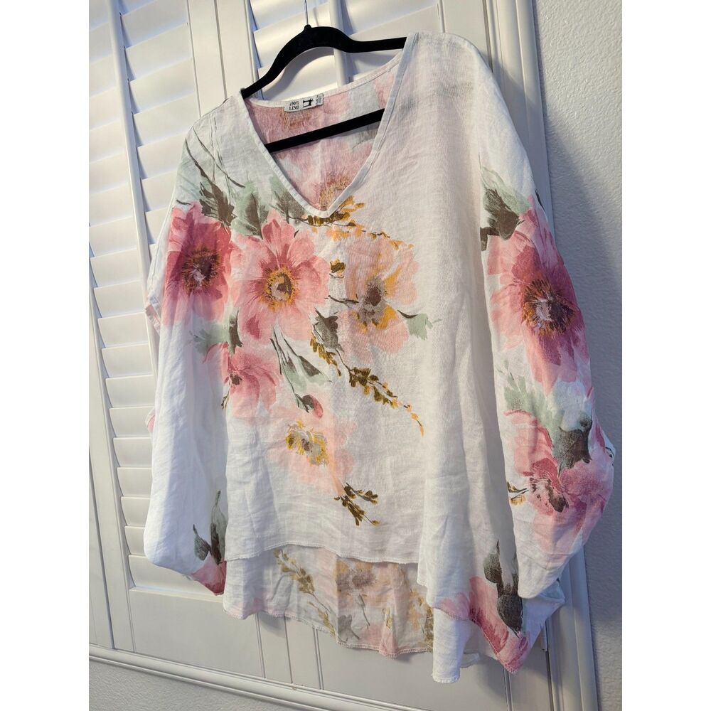 Coastal Grandma Made in Italy 100% Linen Shirt Top Womens L Pink Floral